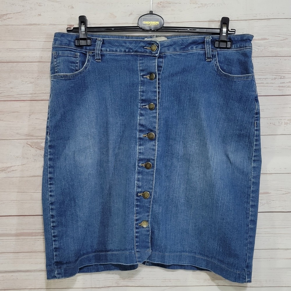 Woman Within Full Button Denim Skirt Womens 14W Petite Blue Pockets Stretch